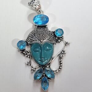 Goddess Pendant Carved Blue Face Sterling Silver with Blue Topaz